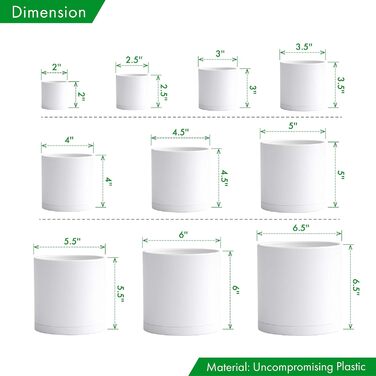 High-quality plastic plant pots, 2 inches (5.1 cm), available in sizes 2.4, 2.5, 3, 3.5, 3.7, 4, 4.7, 5, 5.5, 6 inches - complete set of 10 white plant pots with drainage holes and seamless saucers.