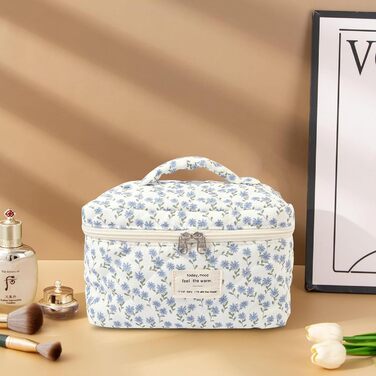 Косметичка для жінок, набір 3 шт. велика бавовняна косметичка для подорожей, органайзер для макіяжу, косметична сумочка з квітковим візерунком (блакитна павічева квітка)