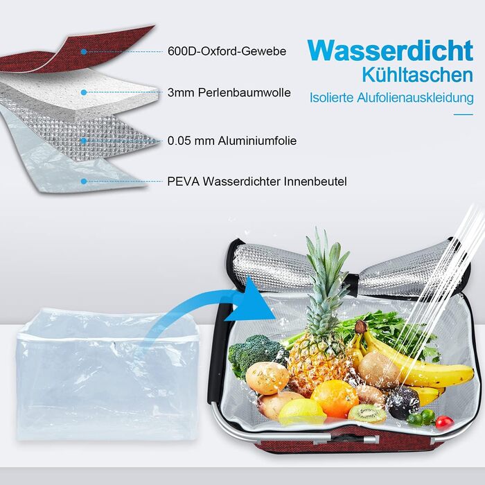 Термосумка-холодильник для покупок 35L, велика ізольована сумка-холодильник для обіду, офісу, кемпінгу, пікніка, подорожей, водонепроникний внутрішній кишень, міцна підтримка бокових стінок, винно-червоний колір