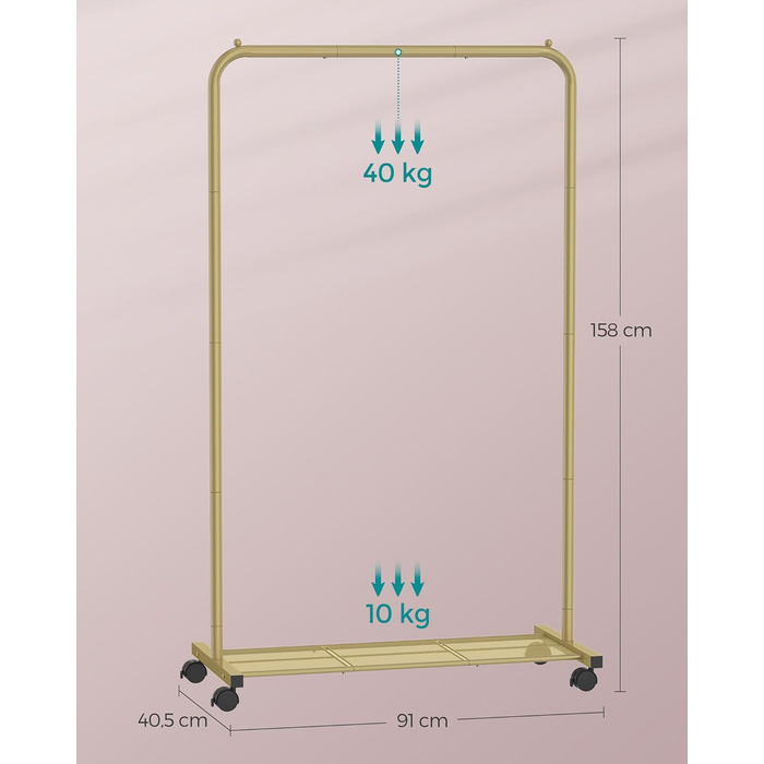 SONGMICS Clothes Rack, Rolling Garment Rack, Metal Clothes Stand, Rolling Wardrobe 91 cm wide, with Shelf, 2 Wheels with Brake, Rod Loadable up to 40 kg, Gold HSR025A01