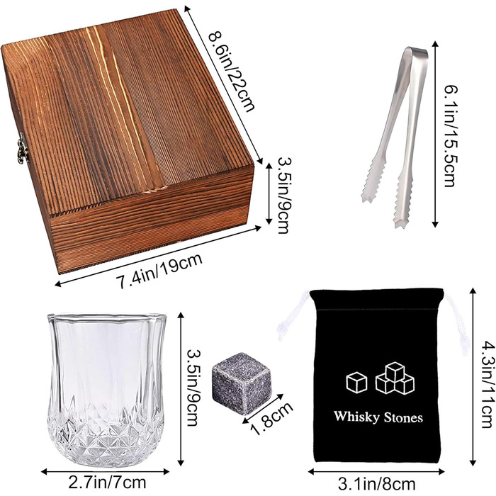 Набір для віскі: 8 кам'яних кульок з 2 склянками, щипці та дерев'яна коробка - набір з натурального базальту, багаторазові кубики льоду