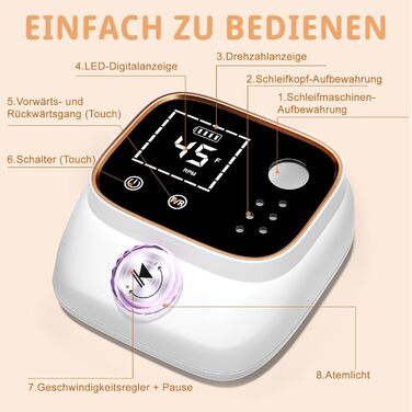 Електрична нігтьова пилка професійна 45000 об/хв з LCD-дисплеєм для гелю та акрилу, з фіксацією біт, набір для манікюру та педикюру, білий