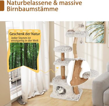 Дерев'яний кігтеточка SOARS для котів з 3 природними стовбурами, ліжком та плюшевими поверхнями, кігтеточка з іграшковим м'ячиком та джутовим мотузком, багатоповерхова, 49 x 59 x 110 см, білий
