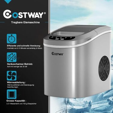 Машина для приготування льоду COSTWAY 12 кг/24 год, зелена/срібна, 2.2 л бак, 2 розміри кубиків льоду, включає лопатку, 25x36x33 см