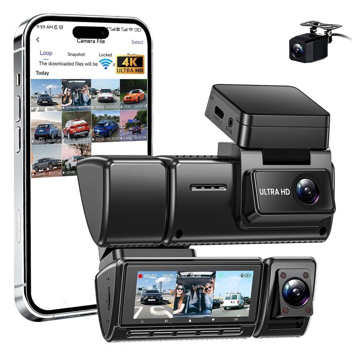 Відеореєстратор 4K автомобільний передній та задній, 3 канали, 64GB SD карта, IPS дисплей, нічна зйомка, WiFi Black-D4