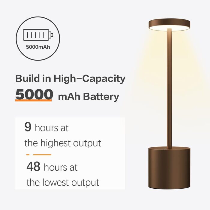 Світлодіодний настільний світильник бездротовий 2 шт, акумулятор 5000mAh, димування, алюміній, 3 режими світла, зарядний, сенсорний, для дому, вулиці, спальні, тераси, бару - коричневий