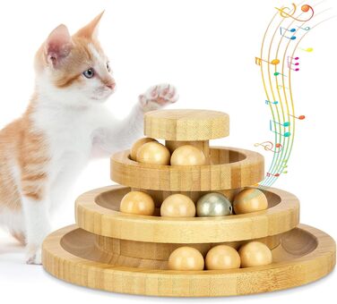 Cat Toy Self-Entertainment, Interactive Bamboo Cat Toy THREE Tiers Rotating Smart Track Ball Swing Roller with Bells