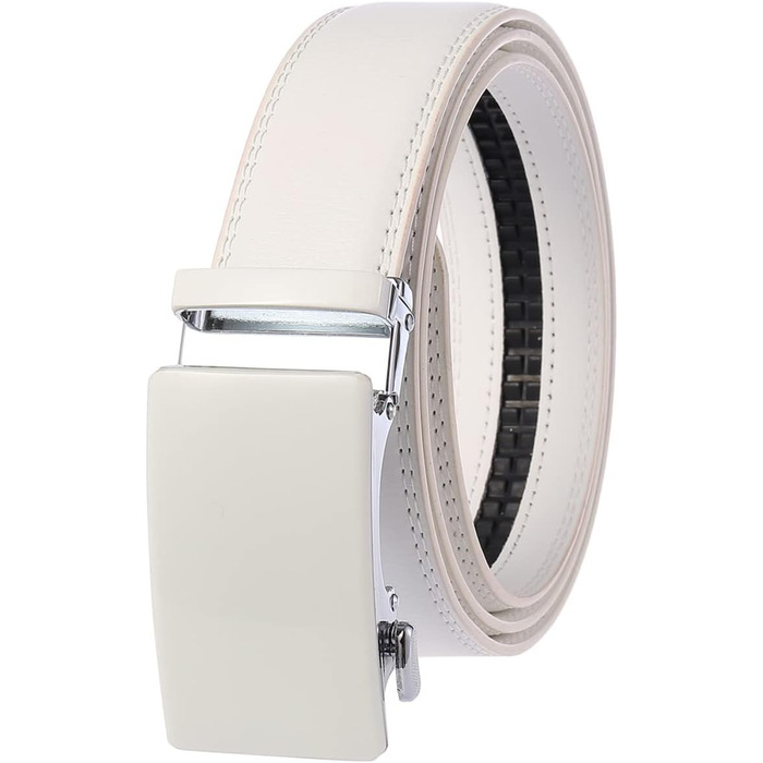 Чоловічий шкіряний ремінь з автоматичною пряжкою, 3,4 см, 130 см, чорний/білий - для бізнесу та повсякденного стилю