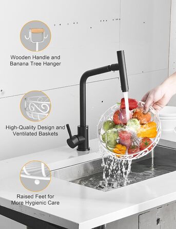 Двоярусний фрутовий кошик Couwilson з підвісною конструкцією для бананів, дерев'яною ручкою та відсіком для овочів. Підходить для зберігання фруктів, овочів, хліба, цибулі та картоплі.