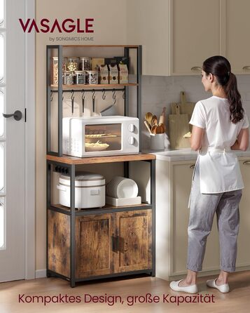 Полиця кухонна VASAGLE з розетками, кухонна шафа, робоча поверхня 90 см, стелаж з 8 гачками, 40 x 60 x 170 см, вінтажний коричневий + чорний, KKS058K02