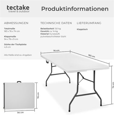 Складний алюмінієвий стіл TekTake для кемпінгу, саду, тераси, балкону (183x76x74 см, модель 402153)