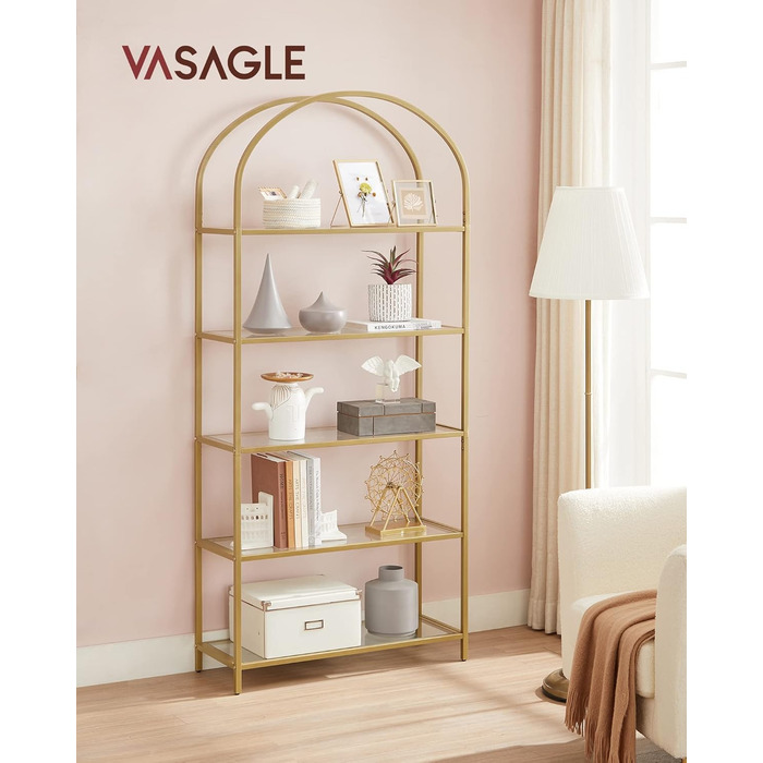 Стелаж VASAGLE LGT501A01: металева поличкова система з 5 рівнями, з прозорого скла та золотого металу для вітальні, спальні, кабінету, ванної кімнати (30,2 x 83 x 183,5 см)