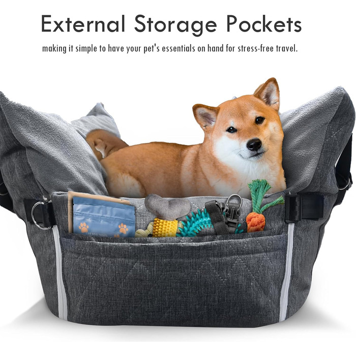 Автокрісло для собак - автокрісло-бустер для маленьких та середніх собак до 18 кг, з ременем безпеки та кишенями для зберігання, антиковзаюча підставка (смужка в морському стилі), сіре, 77x52 см