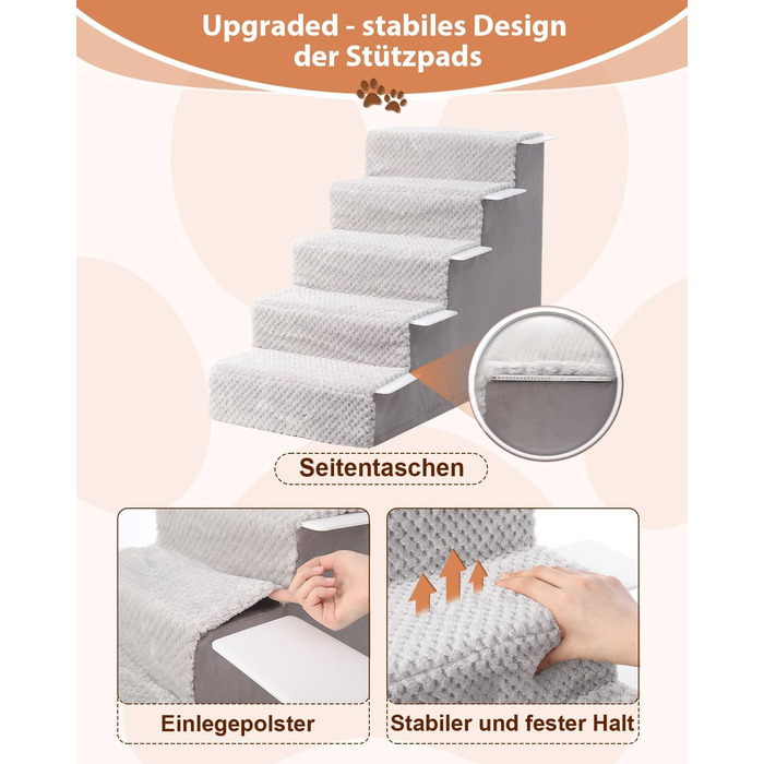 KSIIA Dog Stairs for Small Dogs 44cm High, Pet Stairs with Removable Washable Cover, Cat Stairs for Old Cats and Dogs, Non-Slip Dog Ramp Dog Stairs for Bed Sofa, Grey (5 steps (L75 x W40 x H55 cm))