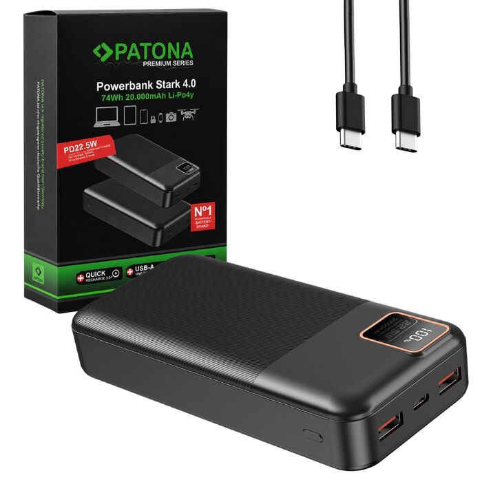 Повербанк PATONA Premium 20000mAh 22.5W PD з Li-Polymer батареєю, швидка зарядка, USB-C та 2x USB-A, 74Wh