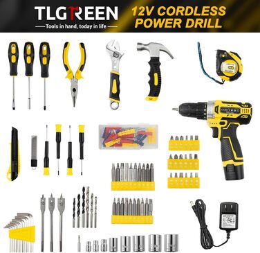 Набір інструментів TLGREEN 138-tlg з акумуляторним шуруповертом 12V для ремонту та DIY, акумуляторний інструмент для дому