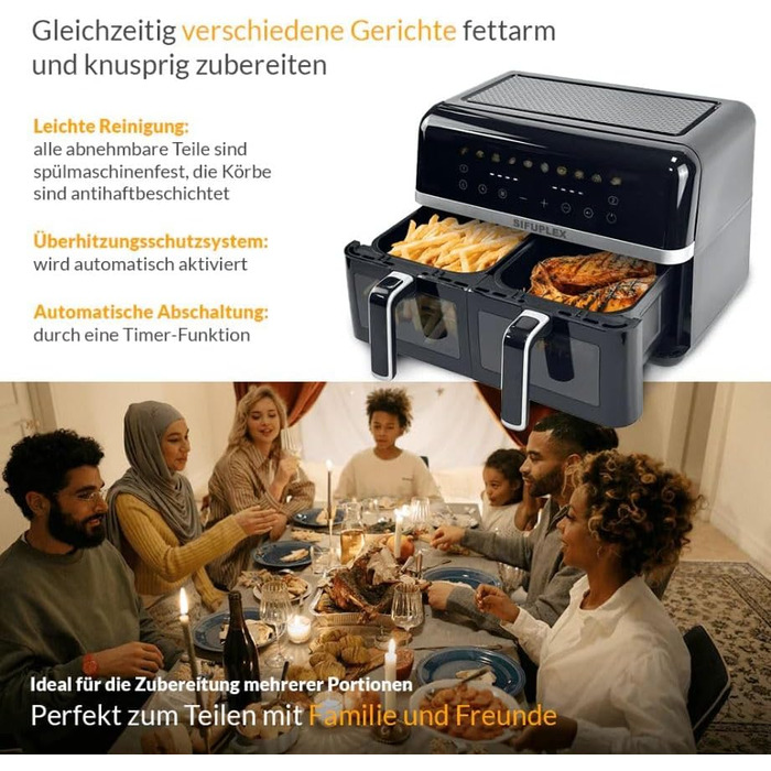 Фритюрниця Sifuplex ASF90 Duo 9L з подвійними кошиками (2 x 4.5L), 10 програм, Rapid-Air, сенсорний екран, 90% менше жиру, для смаження, випікання, розморожування