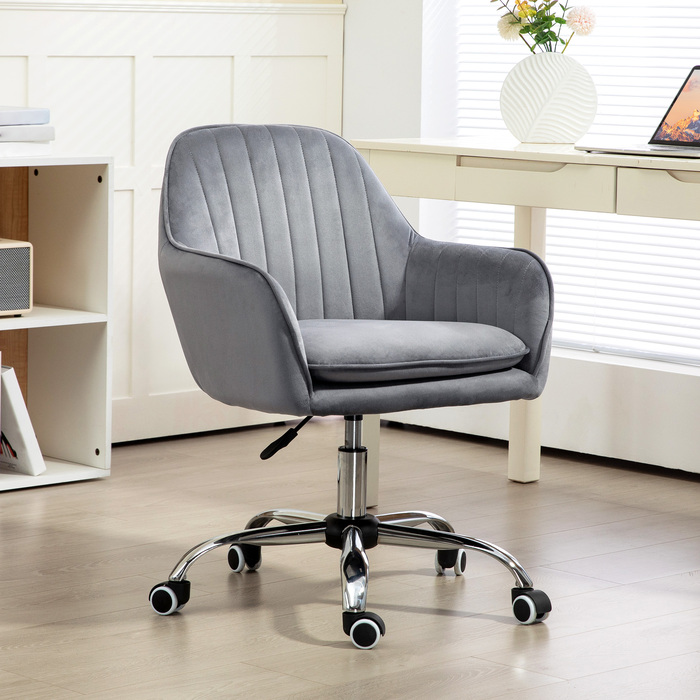 HOMCOM Adjustable Height Desk Chair Swivel Office Chair Rotating Home Office Chair with Back and Armrests Velvet-Look Vanity Chair for Study Room, Grey | Aosom