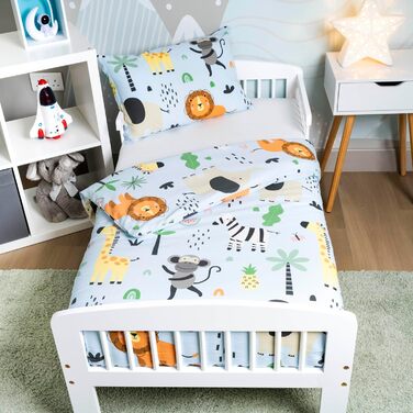 Комплект постільної білизни для дитячого ліжечка Kinder з 100% бавовни (100x135 см) з тваринами. Підходить для хлопчиків, легко періть при 60°C. Включає постільну білизну та подушку (40x60 см).