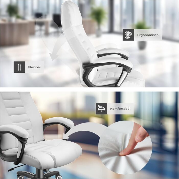 Офісний крісло tectake® з регулюванням висоти, обертання, підлокітники, функція гойдання, штучна шкіра, 12 см м'якість - білий колір