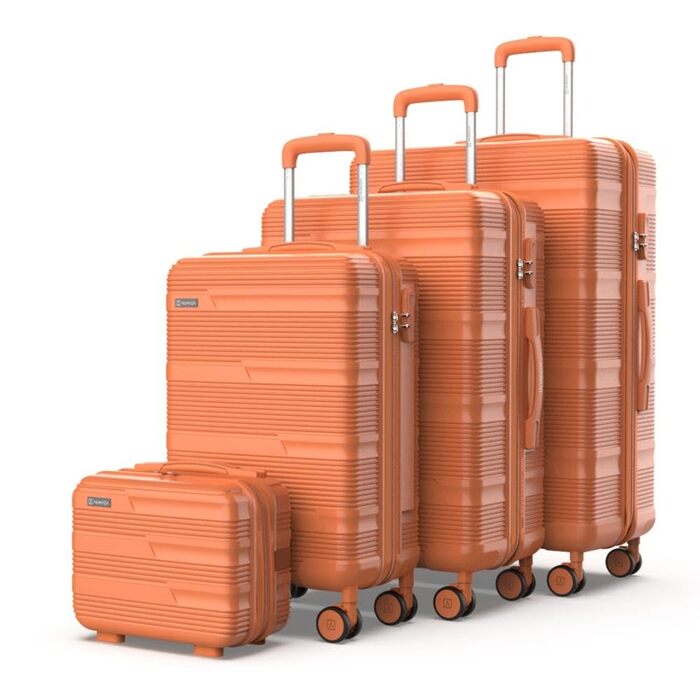 Набір валіз NUMADA 4 шт. Upfly T10 ABS: ручна валіза 55x40x20, середня 60L, велика 78L + косметичка. Оранжевий колір. Безпечний та міцний.