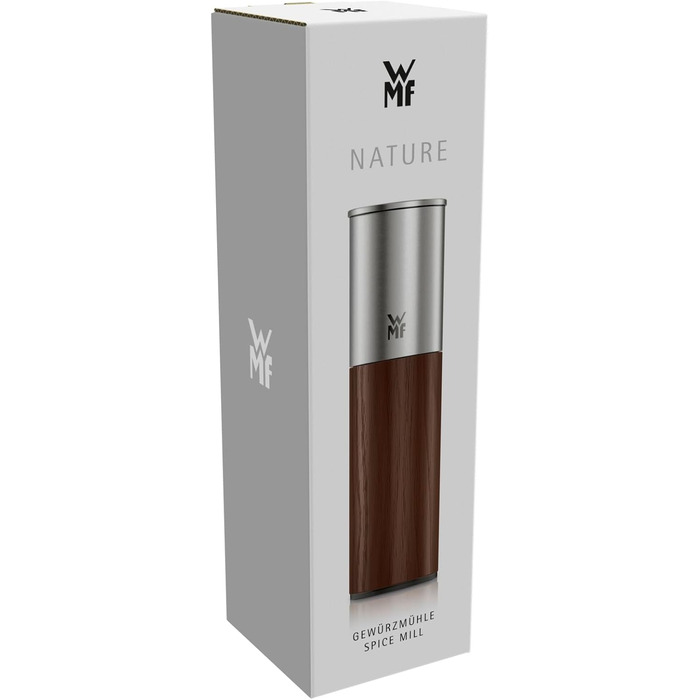 Млин для солі та перцю WMF Nature Pro з керамічним механізмом, регульованим помелом, нержавіюча сталь та дерево, ручний (темний)