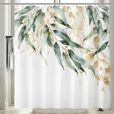 Штора для душу M&W DAS DESIGN з поліестеру, листя зелено-золоті, водонепроникна, з кільцями, 180x200 см