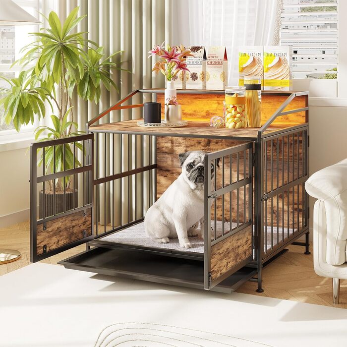 Клітка для собак з полицею для зберігання, знімний піддон, міцна конструкція, для середніх собак, внутрішня будка для собак з дерев'яною поверхнею столу, будиночок для собак, 80x50x76 см, чорний (M)