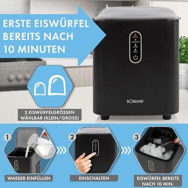 Машина для приготування льоду Bomann® EWB 6068 CB Schwarz (2023) - до 10 кг на добу, 2 розміри кубиків льоду, 1,1 л резервуар, лопатка