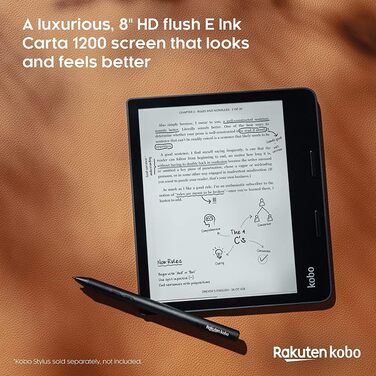 Kobo Sage: Електронна книга з 8-дюймовим HD-екраном Carta E Ink, водонепроникність, Bluetooth, Wi-Fi, 32GB, регулювання яскравості та колірної температури, фільтр блакитного світла