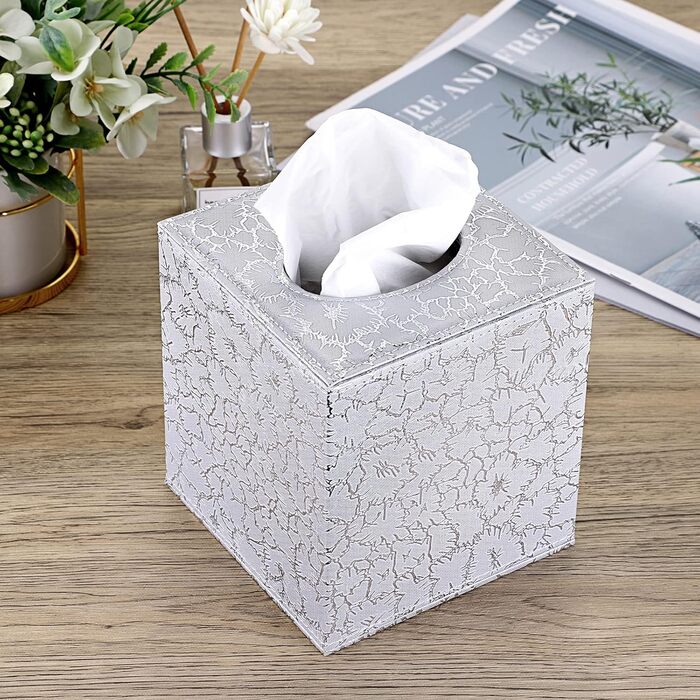 BTSKY Square Tissue Box Cover made of PU Leather – stylish cube-shaped tissue box holder with magnetic bottom, decorative PU tissue box for vanity dresser, bedside table, table