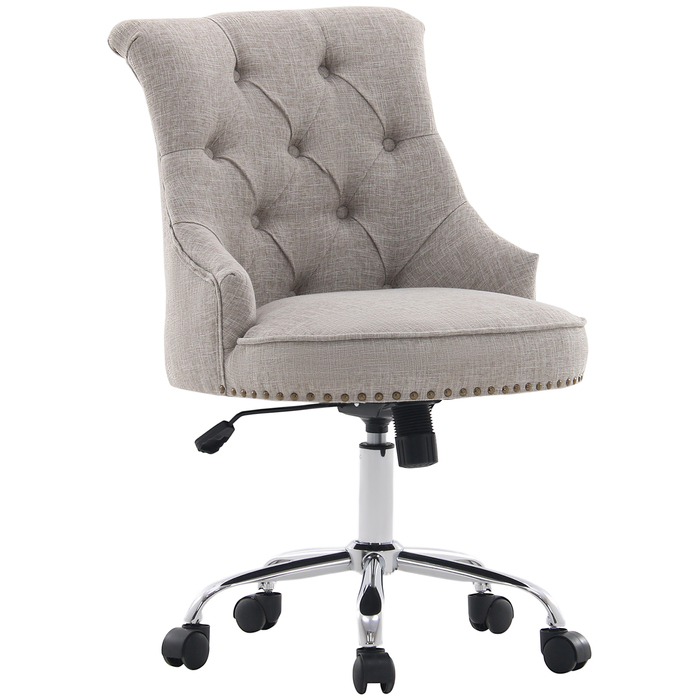HOMCOM Swivel Upholstered Chair Ergonomic Office Chair Height Adjustable Retro Design Up to 150 kg Linen Light Grey 54x65.5x84-91 cm