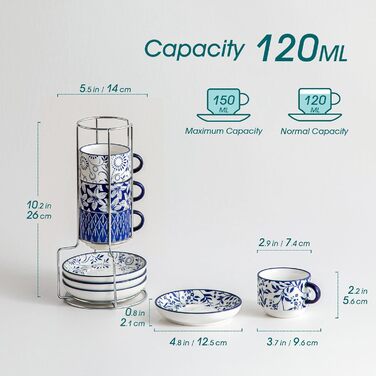 Набір чашок для еспресо Vancasso Selene, 4 шт. - порцелянові чашки з блюдцем та підставкою для капучино, лате, чаю (9.6 x 5.6 см)