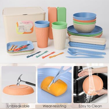 Набір посуду 48 шт. незламний, багаторазовий для кемпінгу/пікніка, пластиковий, кольоровий (49 шт.)