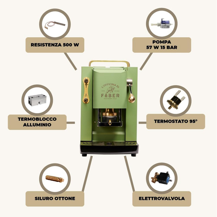 Faber Coffee Machines | Pro Deluxe Model | ESE 44 mm Coffee Pod Machine | Brass-Coated Finish | Adjustable Brass Pad Press | Standard Electrical Valve (Acid Green)