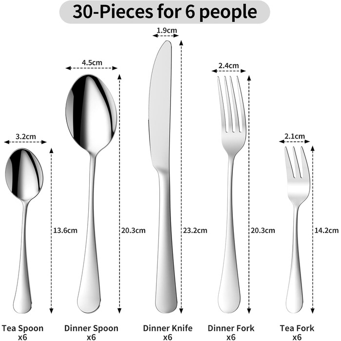 Набір столових приборів Aoeeppa на 6 осіб (30 предметів), нержавіюча сталь, дзеркальна поліровка, для дому, кухні, ресторану, придатний для миття в посудомийній машині (сріблястий)