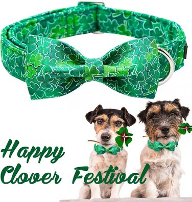 Нашийник для собак Unique Style на День Святого Патріка з бантиком, зелений клевер, для цуценят, маленьких, середніх та великих собак, хлопчиків та дівчаток, білий трилисник