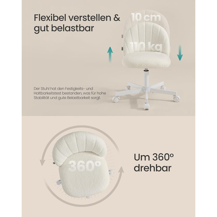 Офісний стілець SONGMICS з м'яким сидінням (фліс), регульована висота, кремово-білий - для дому, офісу, спальні