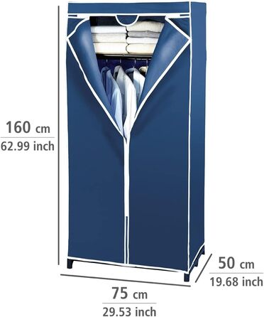 WENKO Air Wardrobe, practical fabric wardrobe for dust-free storage of textiles, stable metal frame, easy assembly, breathable non-woven material, 75 x 150 x 50 cm, Navy (with shelf)