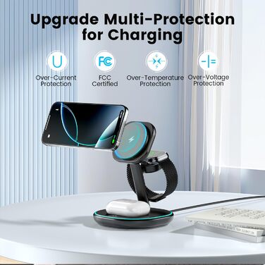 3-в-1 Зарядний пристрій MagSafe, 15W Швидка Бездротова Зарядка, Індукційна Зарядка для iPhone 16/15/14/13/12, Розумний годинник, AirPods Pro/2/3 - Чорний