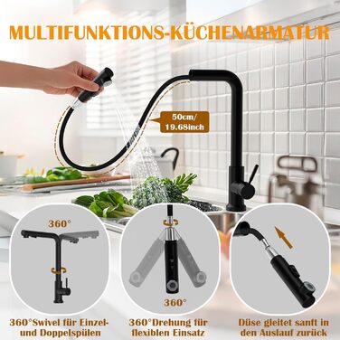 Змішувач кухонний водяний чорний, висувний з душем, 360° поворотний, 2 режими розпилення, для кухні, нержавіюча сталь