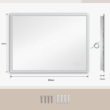 Дзеркало для ванної кімнати з LED-підсвічуванням Dripex, 50x70 см, з сенсорним вимикачем, протизапобігання запотіванню, холодний білий світ (6400K), енергозбереження, Bluetooth, розетка, 3 кольори світла