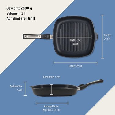 Гриль-сковорода індукційна 28x28 см, ручний огляд якості (Німеччина) | Для всіх типів плит | Знімний руків'я | Рівномірний нагрів | Легке очищення