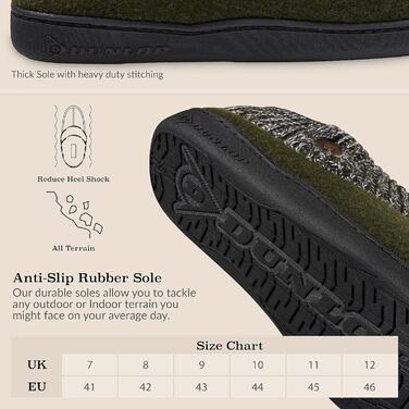 Чоловічі халапи DUNLOP з флісовою підкладкою Sherpa та піною Memory Foam, неслизькі тапочки для дому, 42 EU, хакі