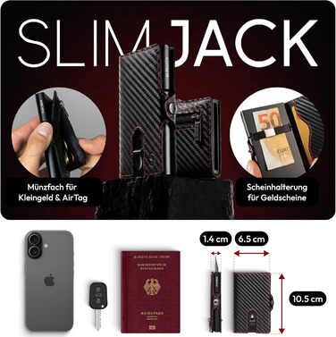 Стильний смарт-гаманець Slimjack з відділенням для монет та RFID-захистом - чоловічий алюмінієвий картхолдер для карт та монет (Carbon Redline)