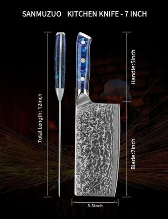SANMUZUO Nakiri Messer 19 см - професійний ніж шеф-кухаря Дамаск, серія Xuan, VG10 сталь, ручка з гірської смоли (Dream Orange)