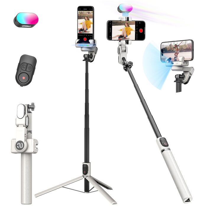 Стабілізатор для телефону AOCHUAN M2Pro, 4-в-1 RGB світло, тримач для смартфона, 108 см, чорний/білий