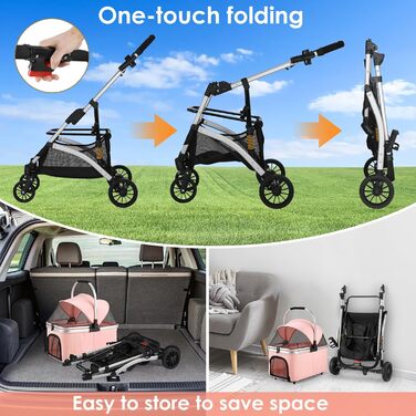 Візок для собак Mamizo 3-в-1: візок, переноска, сумка, до 20 кг, поворотні колеса, кошик, тримач для напоїв, для собак та котів (сріблястий, рожевий)