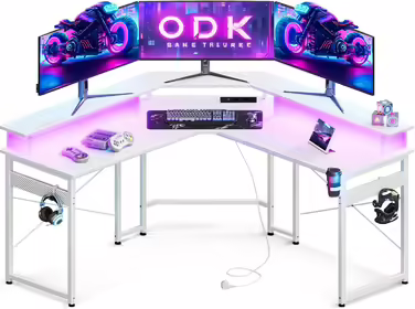 Ігровий стіл ODK з LED підсвічуванням, 2 розетками та 2 USB портами, простора підставка для монітора, комп'ютерний стіл для геймерів з вуглецевого волокна, білий, 129x129 см