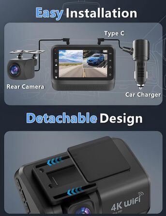 Відеореєстратор Chortau Dashcam 4K+1080P з двома камерами, WiFi, LCD 3 дюйми, 64GB SD, Нічне бачення, G-сенсор, Park Mode